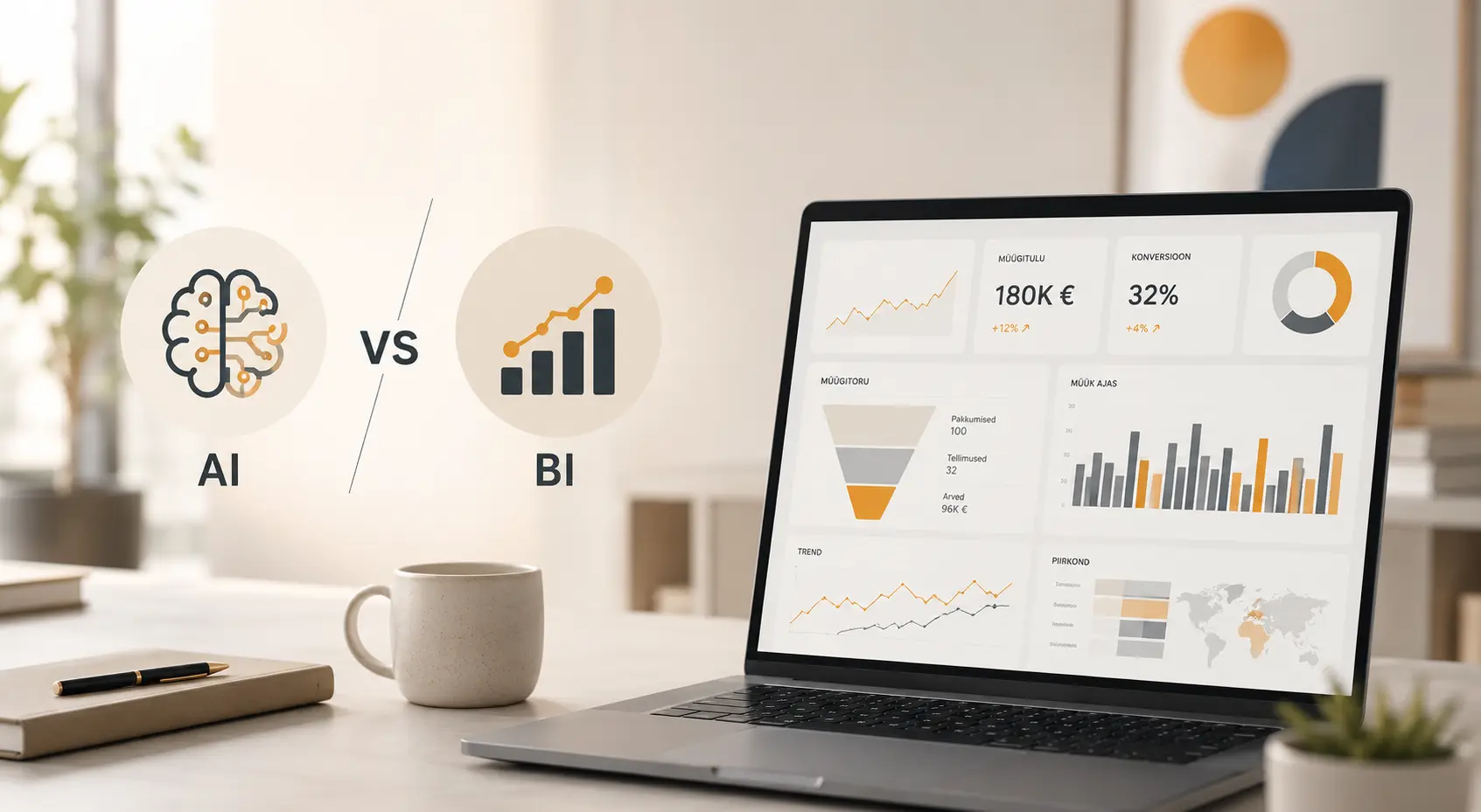 AI vs BI, sülearvuti laual, andmete visualiseering